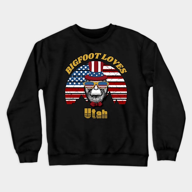 Bigfoot loves America and Utah Crewneck Sweatshirt by Scovel Design Shop